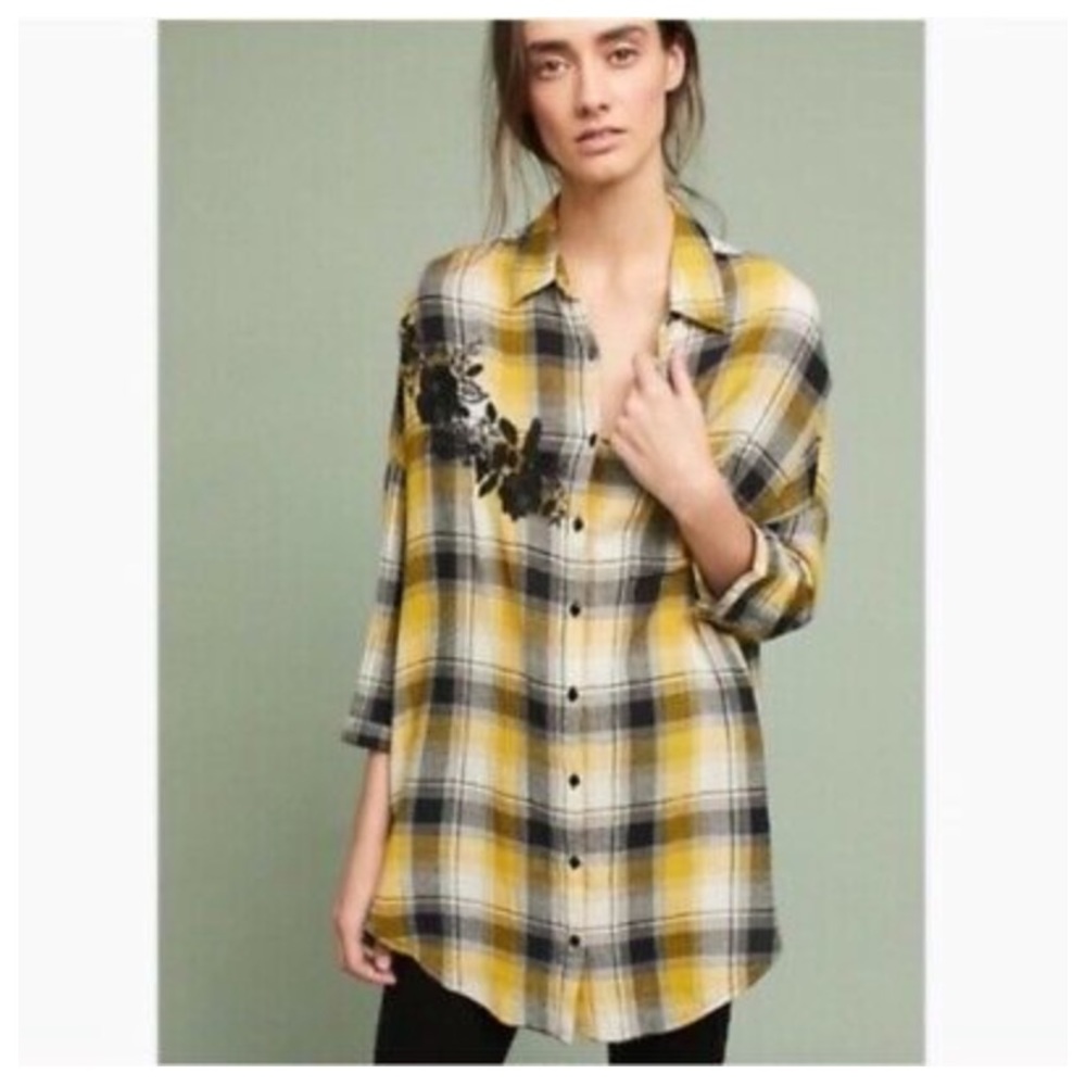 Anthro Maeve Embroidered Yellow Plaid Button Down XS/S